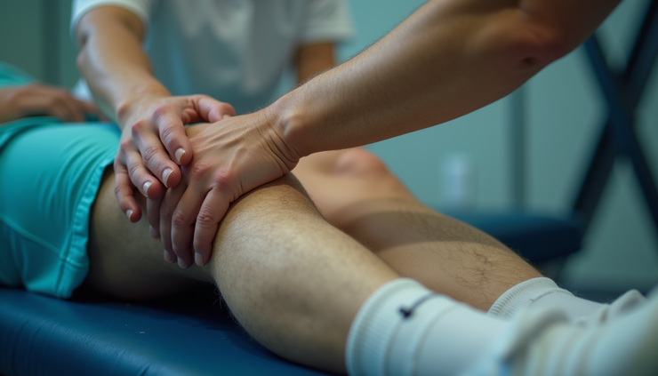 Close-up view of cricket player receiving physiotherapy treatment during training