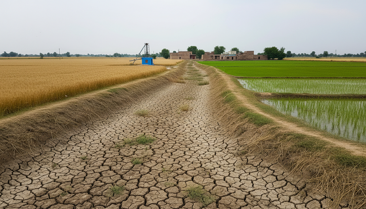 Wide-angle view of a dry irrigation canal beside wheat and paddy fields in Punjab.