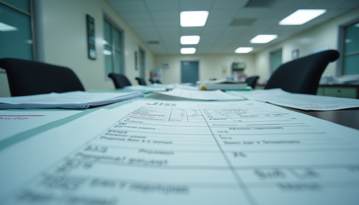 Close-up view of a hospital billing desk with stacks of invoices and medical bills