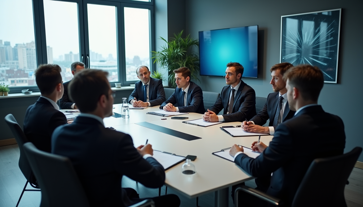 High angle view of a conference room with policymakers discussing AI regulations