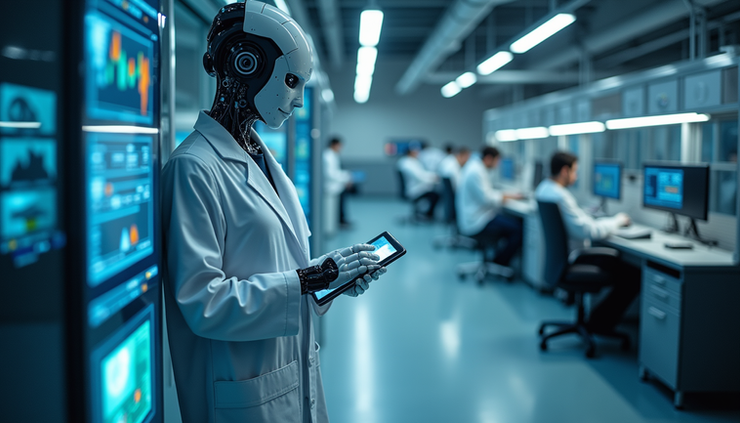Eye-level view of a futuristic laboratory with AI systems analyzing data