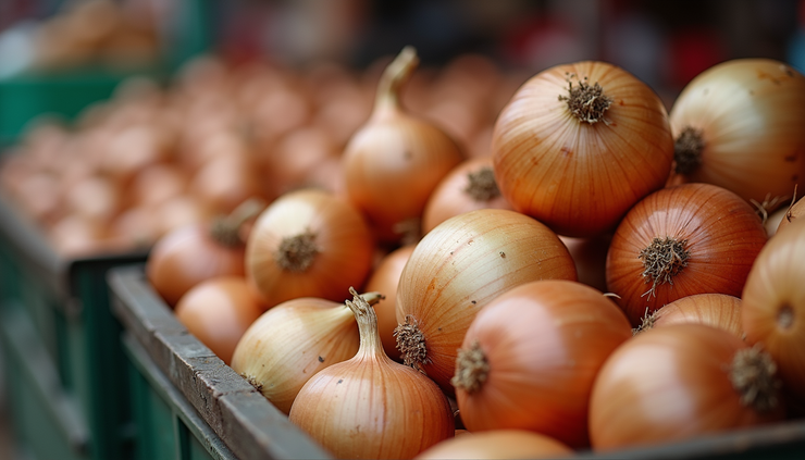 Eye-level view of onions stacked in a rural Indian market crate