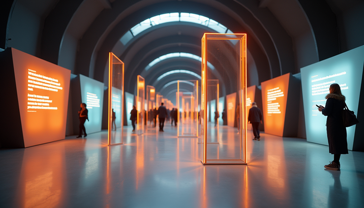 Eye-level view of kinetic typography installation with moving letters at NID pavilion