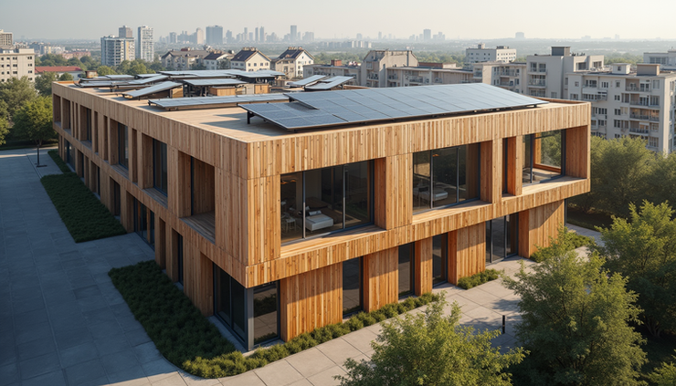 High angle view of modular timber building under construction with solar glass panels