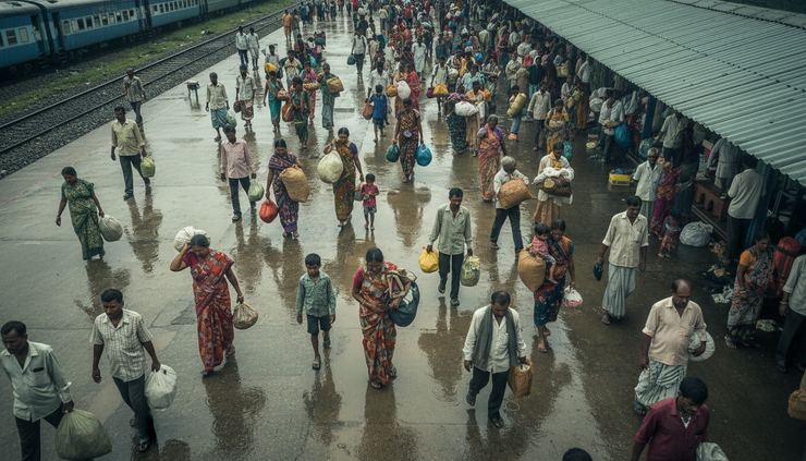 High-angle view of workers and families arriving near a crowded railway platform after heavy rain.