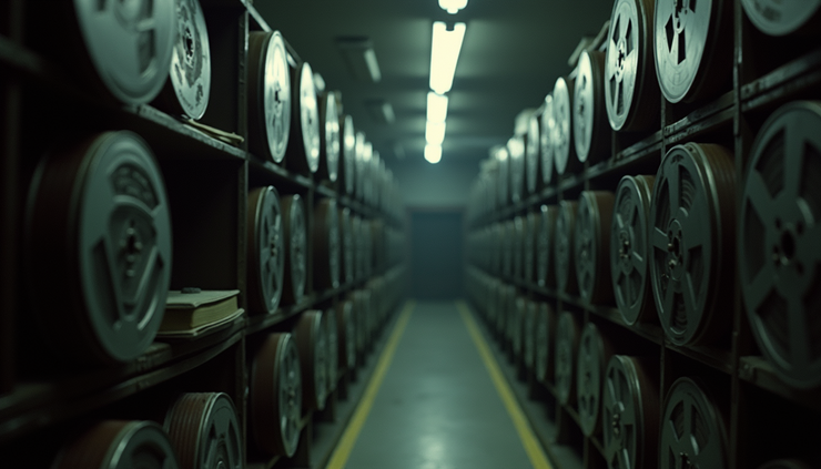High angle view of old film reels stored in a dim archive room
