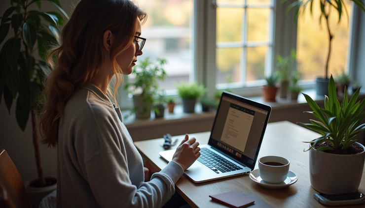 High angle view of a relaxed employee working from home with a laptop and coffee, enjoying flexible work hours