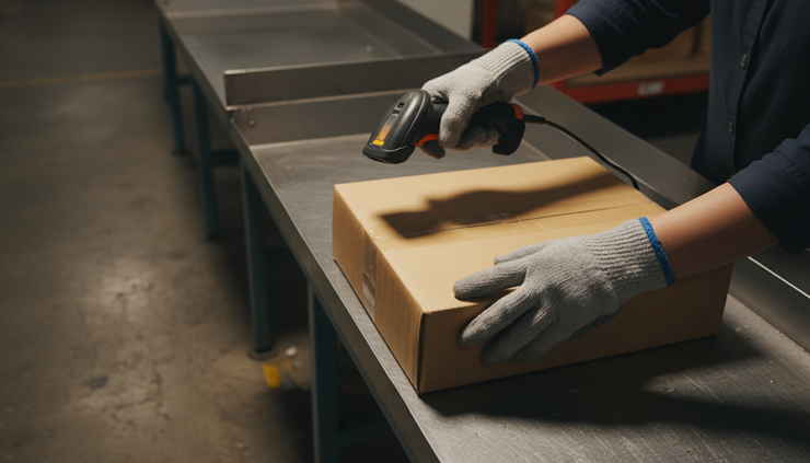 Close-up view of a worker’s hands scanning a cardboard package beside a metal packing station.