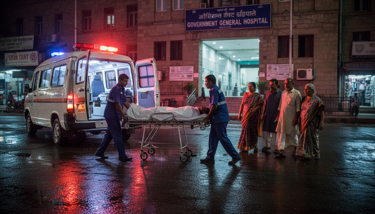 Eye-level view of a patient stretcher being moved toward an ambulance at night.