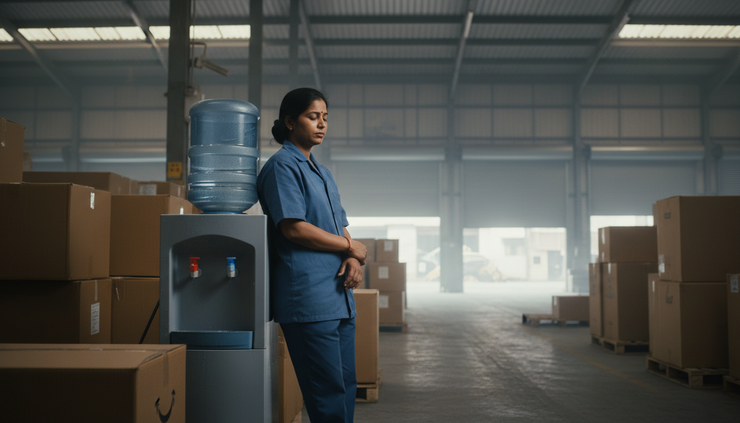 Eye-level view of a woman worker resting near a warehouse water station during a hot shift.
