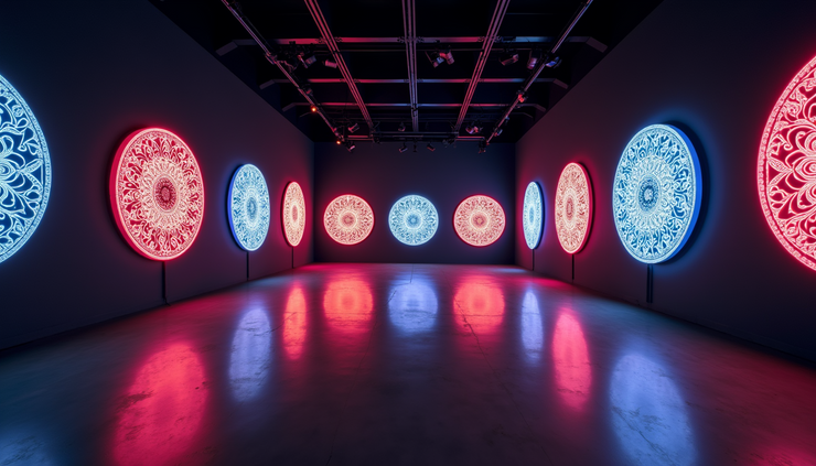 High angle view of a digital art installation combining neon mandalas and mythological motifs