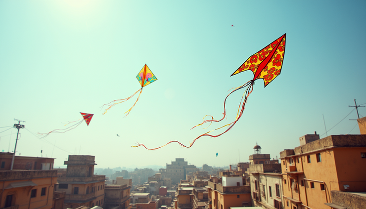 Eye-level view of colorful kites flying over Jaipur rooftops during the International Kite Festival