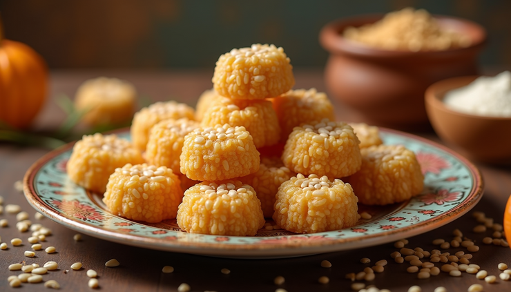 Close-up view of traditional sesame and jaggery sweets arranged on a festive plate