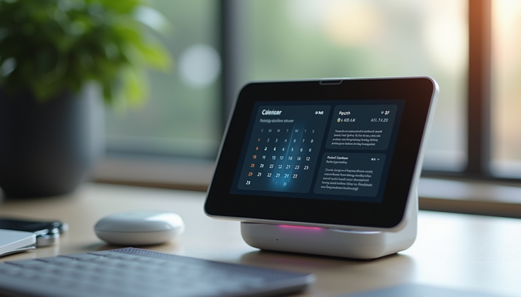Eye-level view of a sleek AI assistant device on a modern desk with digital calendar and health data displayed