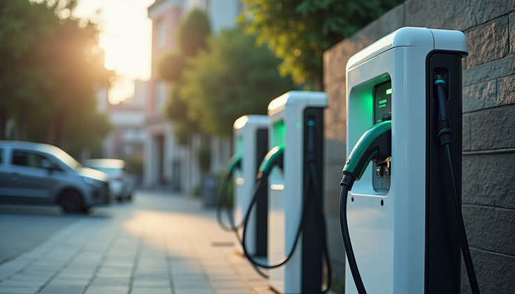 Eye-level view of electric vehicle charging station with battery systems
