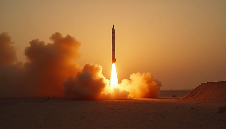 High angle view of a missile launch site in the Middle East during dusk