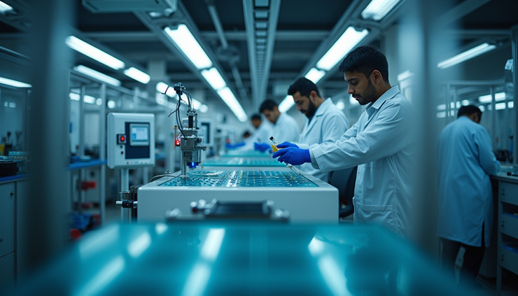 Eye-level view of laboratory equipment used for battery cell development in a rural innovation center