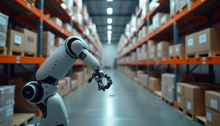 High angle view of a warehouse with AI-driven robotic logistics