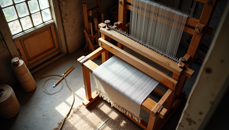 High angle view of a handloom weaver’s modest home workshop with weaving tools