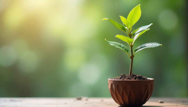 Close-up view of a Bodhi tree sapling in a ceremonial pot