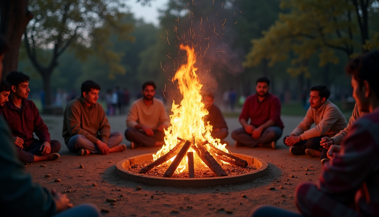 Eye-level view of a small eco-friendly Lohri bonfire surrounded by people sitting in a circle
