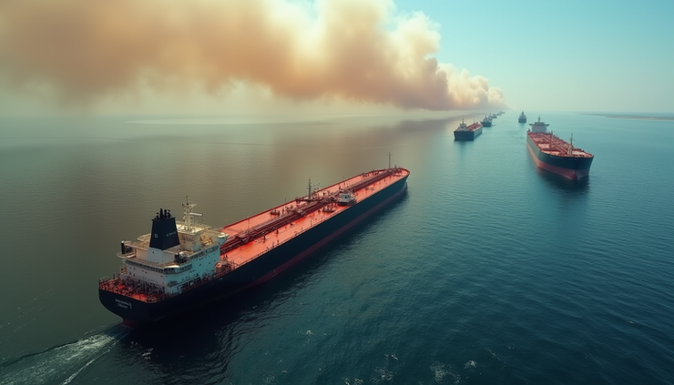 Wide angle view of oil tankers navigating the Strait of Hormuz with visible smoke from nearby fires