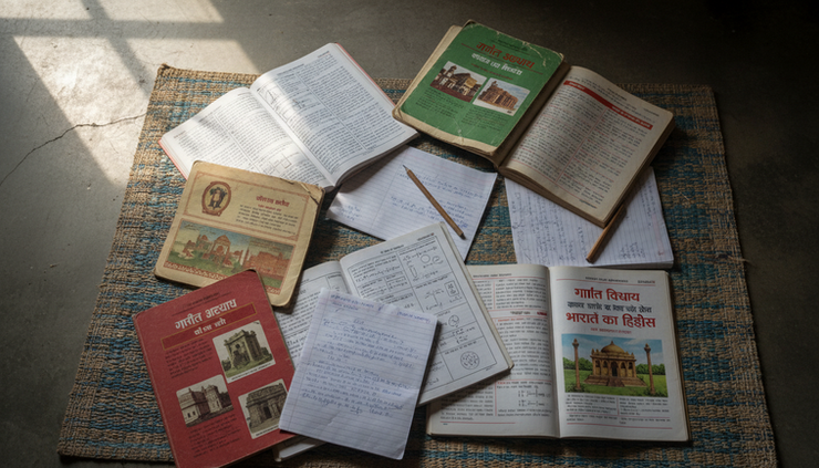Overhead view of open schoolbooks with loose pages and a pencil beside them