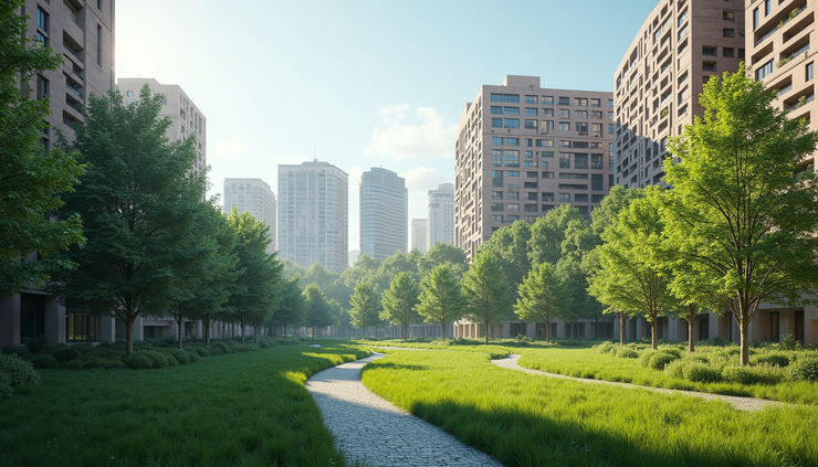 Wide angle view of a regenerative urban park with climate-positive buildings in the background