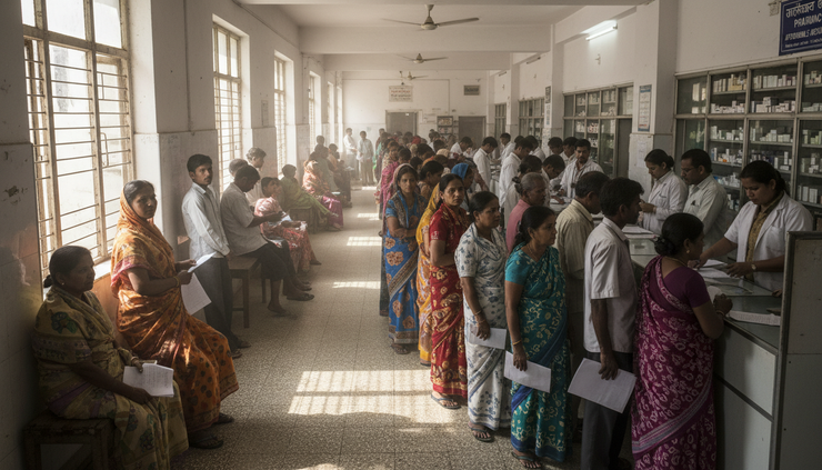 Wide-angle view of a public hospital pharmacy queue with people holding prescriptions.