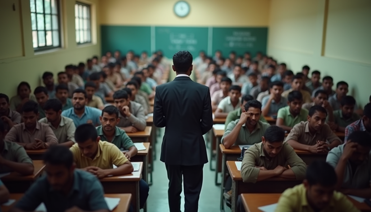 High angle view of a crowded classroom in a Mukherjee Nagar coaching center filled with UPSC aspirants