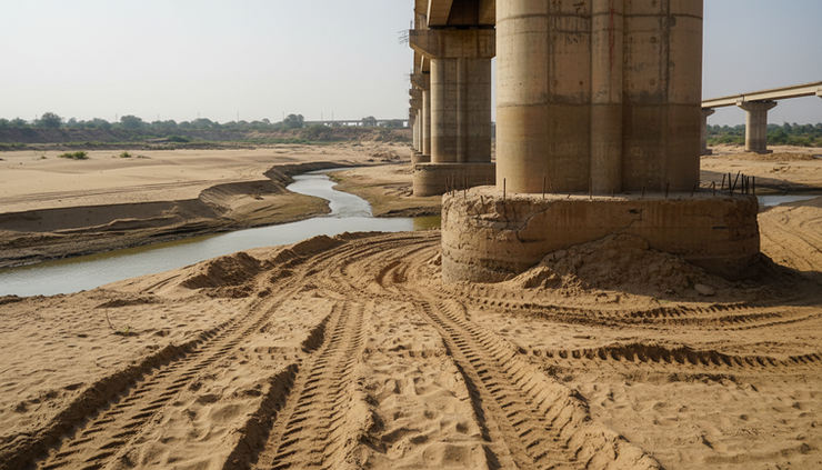 Low-angle view of exposed bridge pillars beside an over-mined river channel in India.