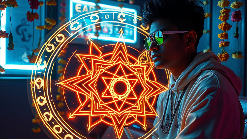 In a neon-lit room in Mumbai, a young Indian digital artist blends cyberpunk aesthetics with spiritual tradition, crafting a glowing Sri Yantra in mid-air with a holographic stylus, surrounded by glitching marigolds.