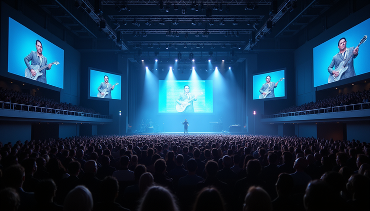 Wide angle view of a concert hall with holographic projections on stage