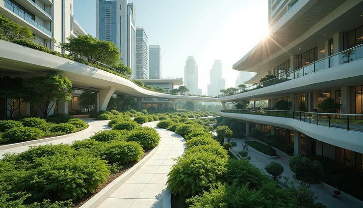 Close-up view of Connaught Place reimagined as a botanical hub with pedestrian pathways