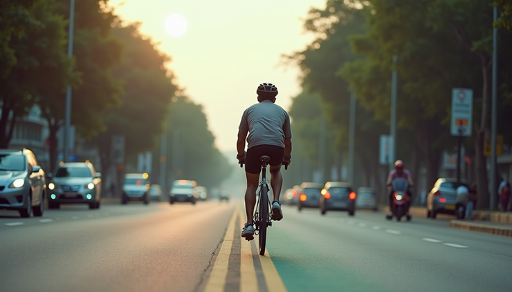 Eye-level view of a cyclist riding safely on a protected lane in an Indian city