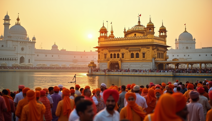 Eye-level view of the Golden Temple shimmering with a large crowd during Baisakhi