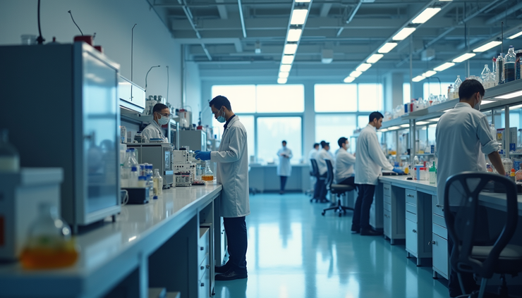 Eye-level view of a laboratory workstation with advanced battery testing equipment