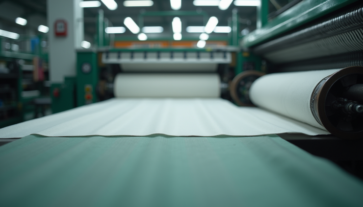 Eye-level view of a power loom machine producing fabric in a factory