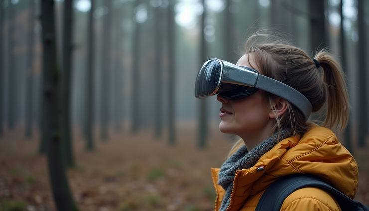 Close-up view of a traveler interacting with an augmented reality art installation in Scandinavia