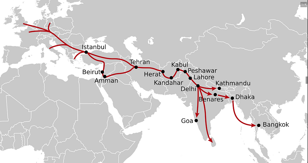 map showing the Hippie Trail route
