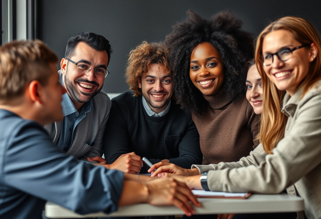 Smiling diverse professionals collaborating at table, demonstrating Inclusion and Belonging.