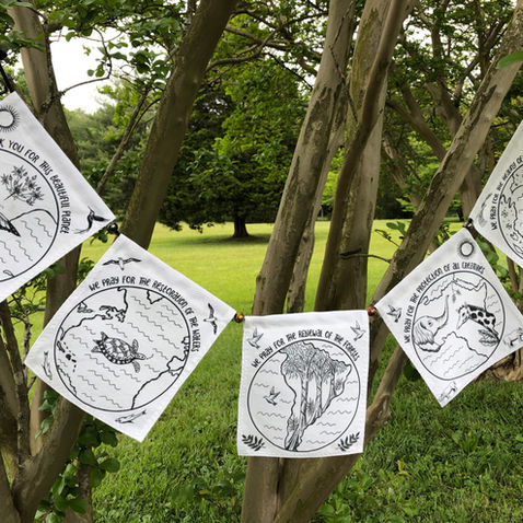 Prayers for Earth/Climate Change, string of 5 handmade prayer flags with pen & ink