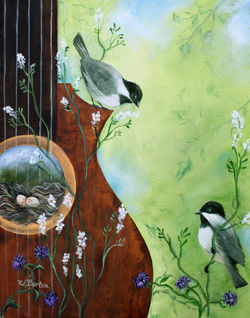 Guitar and chickadees oil painting