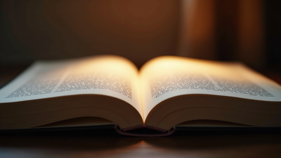 Eye-level view of an open book with glowing light on pages