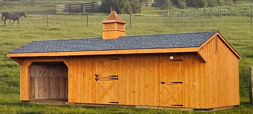 Painted Wood Shed Barn with Keystone Gold stain, featuring cupola, X-brace doors, and premium craftsmanship