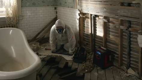 Lake House Haunted Bathroom with worker; studio set
