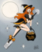red headed witch riding a broom