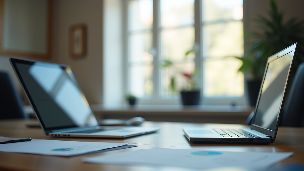 Vue rapprochée d’un bureau avec des documents d’assurance et un ordinateur portable