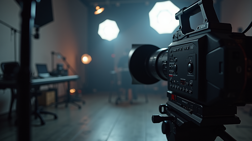 Eye-level view of a professional video camera setup in a studio