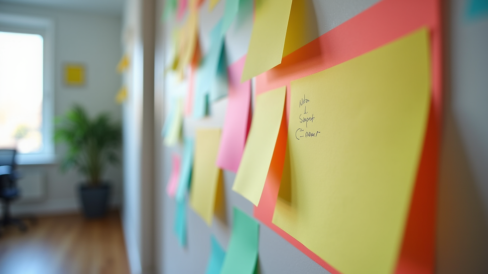 Eye-level view of a creative workspace with colorful sticky notes on a wall